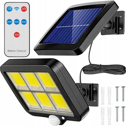 Mocna lampa solarna 120 led cob z panelem zewnętrznym i uchwytem