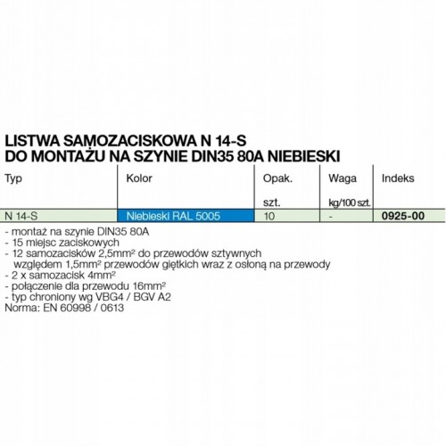 Listwa samozaciskowa 15-tor (14+1śrubowy) 85A 0925