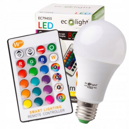 ŻARÓWKA LED KOLOROWA STEROWANA PILOTEM RGB E27 8W ECOLIGHT