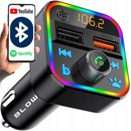 TRANSMITER FM BLUETOOTH MP3 SD ŁADOWARKA 2xUSB SZYBKIE ŁADOWANIE QC3.0 RGB