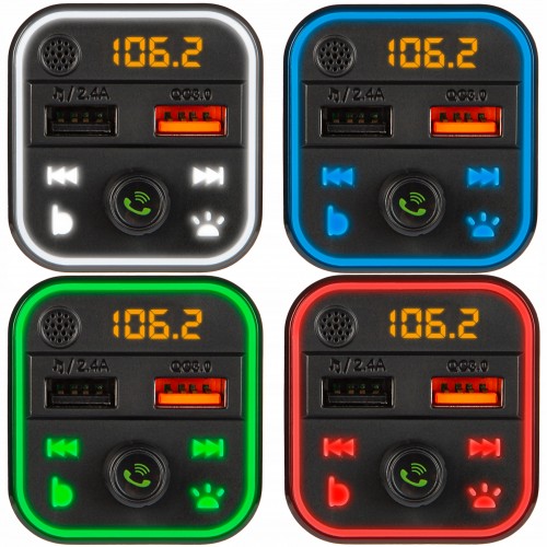 TRANSMITER FM BLUETOOTH MP3 SD ŁADOWARKA 2xUSB SZYBKIE ŁADOWANIE QC3.0 RGB