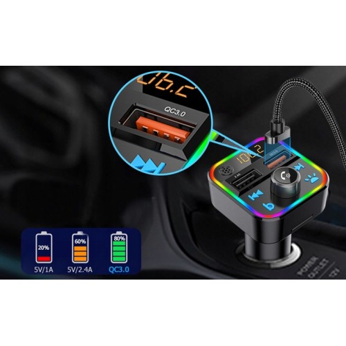 TRANSMITER FM BLUETOOTH MP3 SD ŁADOWARKA 2xUSB SZYBKIE ŁADOWANIE QC3.0 RGB