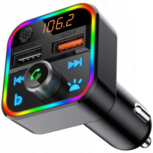 TRANSMITER FM BLUETOOTH MP3 SD ŁADOWARKA 2xUSB SZYBKIE ŁADOWANIE QC3.0 RGB