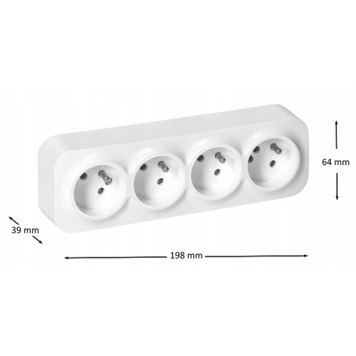 Gniazdo Poczwórne Natynkowe Elektryczne Gniazdko z Uziemieniem Bolec IP20 białe