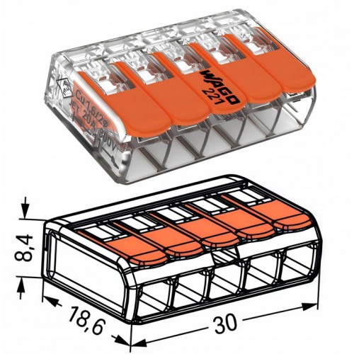 Szybkozłączka 5x0,2-4mm2 transparentna / pomarańczowa 221-415 /25szt./