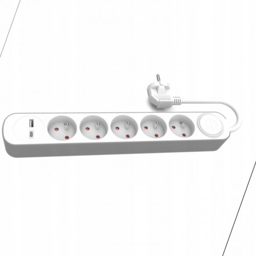 PRZEDŁUŻACZ 5 GNIAZD Z UZIEMIENIEM 2xUSB A+C 1.5M BIAŁO-SZARY PLASTROL