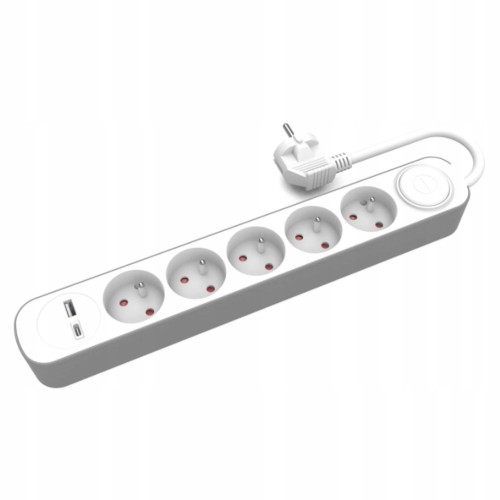 PRZEDŁUŻACZ 5 GNIAZD Z UZIEMIENIEM 2xUSB A+C 1.5M BIAŁO-SZARY PLASTROL
