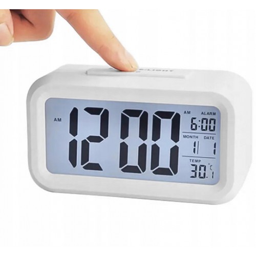 ZEGAR BUDZIK TERMOMETR WYŚWIETLACZ LCD PODŚWIETLENIE CYFROWY 3x AAA AK240C