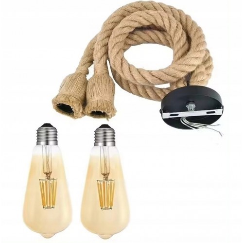 LAMPA SUFITOWA WISZĄCA LOFT INDUSTRIAL ŻYRANDOL SZNUR JUTOWY 2x E27 ZD151A