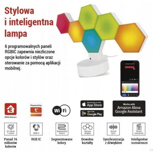 GoSmart Lampa Stołowa LED RGB IC Hexagon – 6 Segmentów | Sterowanie WiFi + BLE | Kompatybilna z Alexa i Google Assistant
