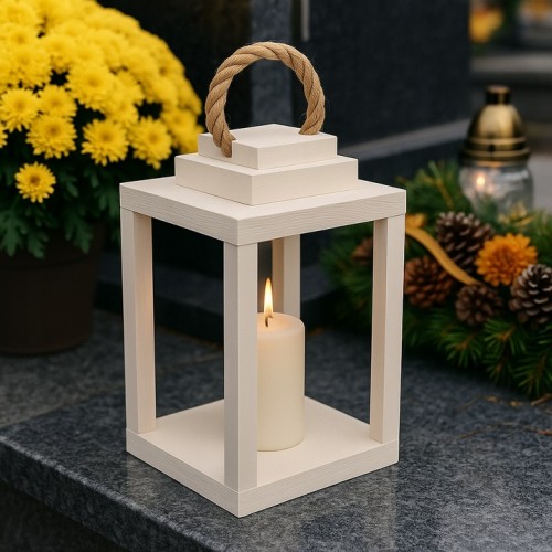 LAMPION DREWNIANY LATARNIA biały z uchwyt  22 cm