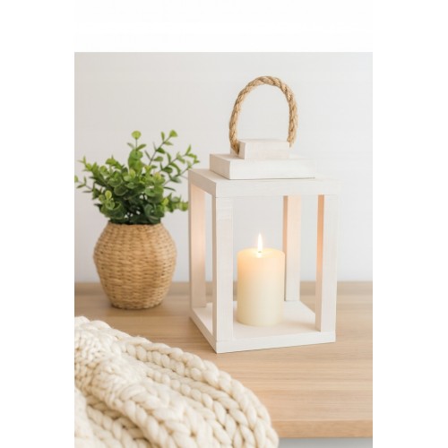 LAMPION DREWNIANY LATARNIA biały z uchwyt  22 cm