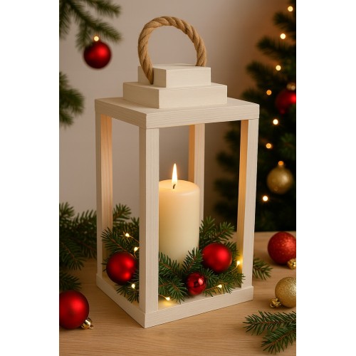 Lampion drewniany latarnia biały z uchwyt 30cm