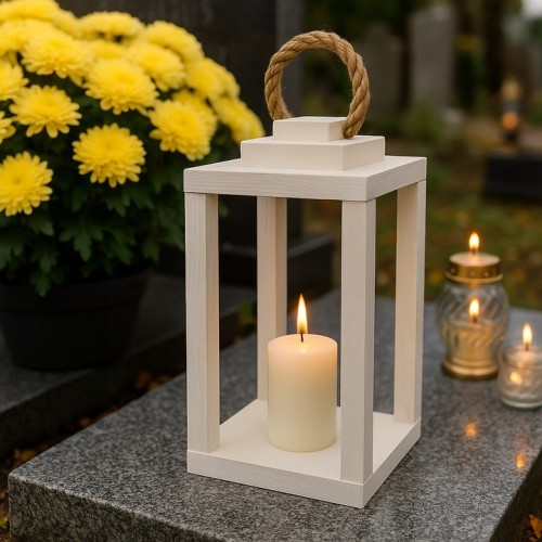 Lampion drewniany latarnia biały z uchwyt 30cm