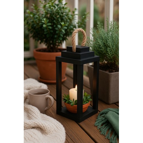 Lampion drewniany latarnia czarny z uchwytem 30cm
