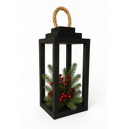 Lampion drewniany latarnia czarny z uchwytem 30cm