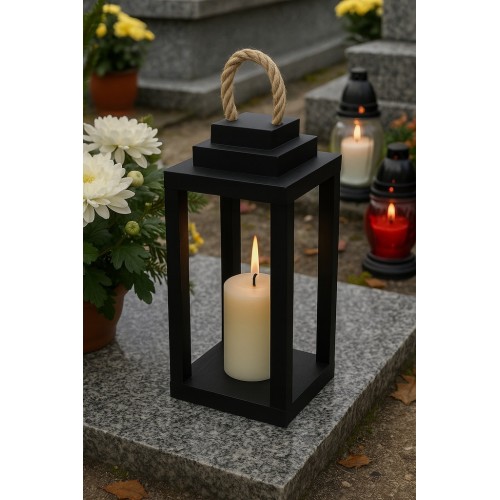 Lampion drewniany latarnia czarny z uchwytem 30cm