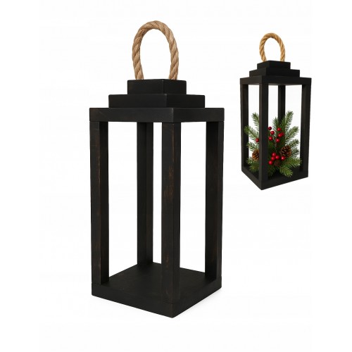 Lampion drewniany latarnia czarny z uchwytem 30cm
