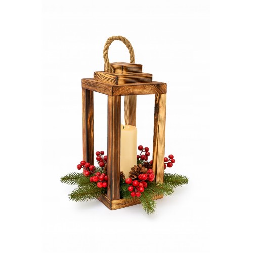 Lampion drewniany latarnia opalony  z uchwytem 30cm