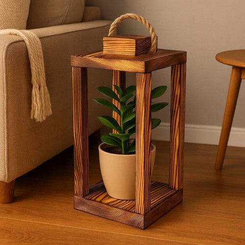 Lampion drewniany latarnia opalony  z uchwytem 30cm