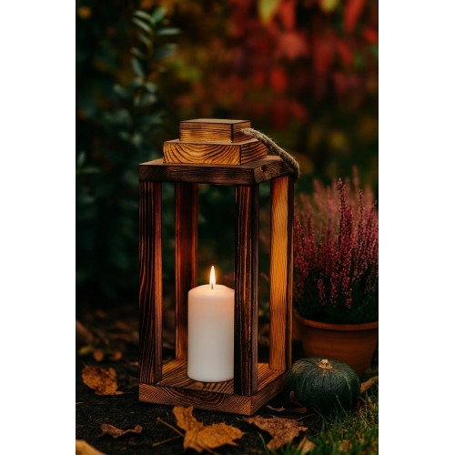 Lampion drewniany latarnia opalony  z uchwytem 30cm