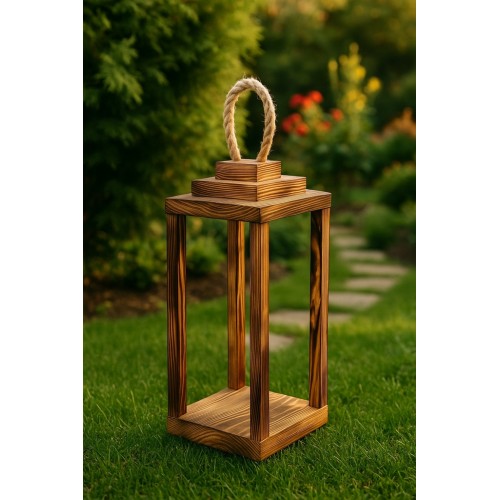 Lampion drewniany latarnia opalony  z uchwytem 30cm