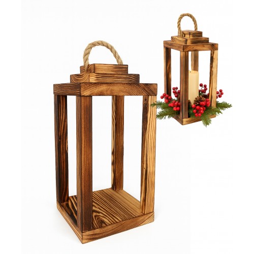 Lampion drewniany latarnia opalony  z uchwytem 30cm