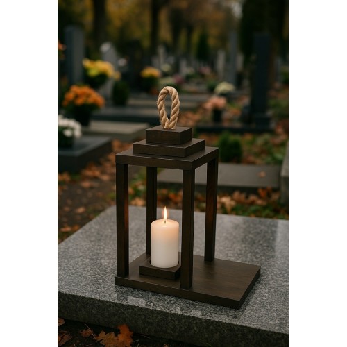 Lampion drewniany latarnia czarny z podestem uchwytem 30cm