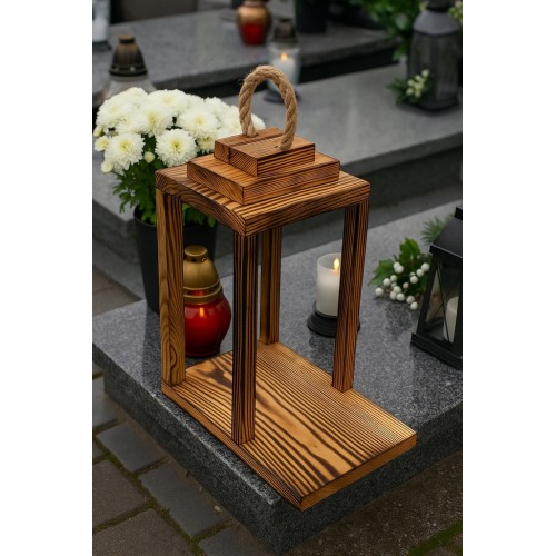 Lampion drewniany latarnia opalony z podestem uchwytem 30cm