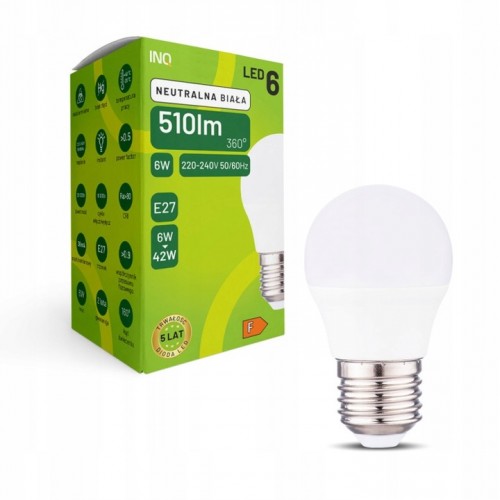 Żarówka LED G45 E27 6W kulka 510lm 4000K INQ