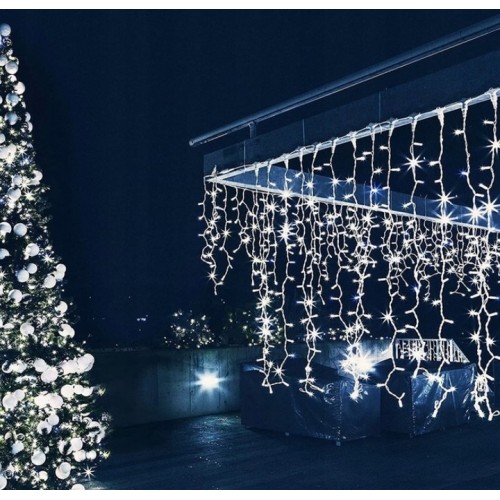 Lampki Choinkowe Sople 300 LED Kurtyna Świetlna Zimny Biały Flesz