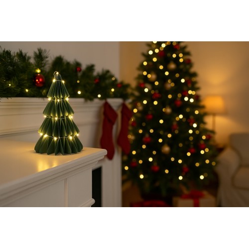 Dekoracja Świąteczna Choinka Papierowa 35 LED Ciepła Biel 30cm 2× AA timer