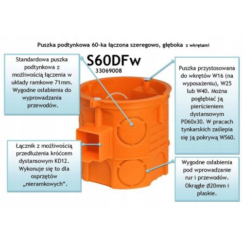 Puszka podtynkowa 60mm głęboka z wkrętami pomarańczowa S60DFw 33069008