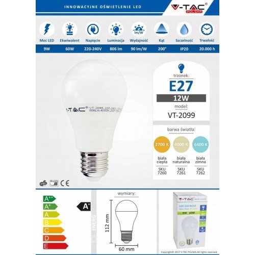 Żarówka Lampa LED 9W E27 A60 6400K 806lm A+ 200st.